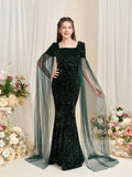 Teen Girls' Square Collar Cloak Sleeves Sequin Mermaid Dress