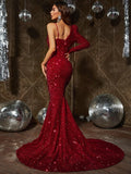 Asymmetrical Neck Mermaid Hem Sequin Prom Dresses - Elonnashop
