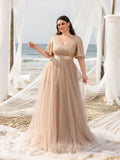Plus Elegant Surplice Neck Butterfly Sleeves Sequin Evening Dress