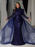 Plus Sequin Mermaid Formal Dress with Long Sleeves and Sheer Tulle Overlay