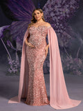 Plus Maternity Off Shoulder Cape Sleeves Mermaid Hem Sequin Formal Dress