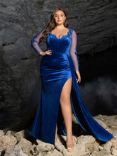 Plus Floral Embroidered Velvet Evening Dress | Illusion Sleeves with Low Back & High Slit