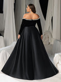 Plus Women's Pearl Accented Off-The-Shoulder Formal Gown | Long Sleeves | Defined Waist Belt | Full Flared Skirt
