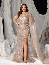 Plus Sequin One-Shoulder Mermaid Gown with Square Neckline and Tulle Shawl