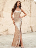 Square Neck Sleeveless Split Thigh Sequin Party Dress - Elonnashop