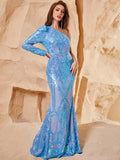 Elegant One Shoulder Long Sleeves Sequin Mermaid Party Dress - Elonnashop