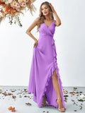 Elegant V Neck Sleeveless Ruffle Slit Chiffon A Line Dresses - Elonnashop