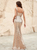 Square Neck Sleeveless Split Thigh Sequin Party Dress - Elonnashop