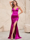 Plunging Neck Spaghetti Strap Backless Slit Satin Dress - Elonnashop