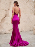 Plunging Neck Spaghetti Strap Backless Slit Satin Dress - Elonnashop