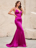 Plunging Neck Spaghetti Strap Backless Slit Satin Dress - Elonnashop