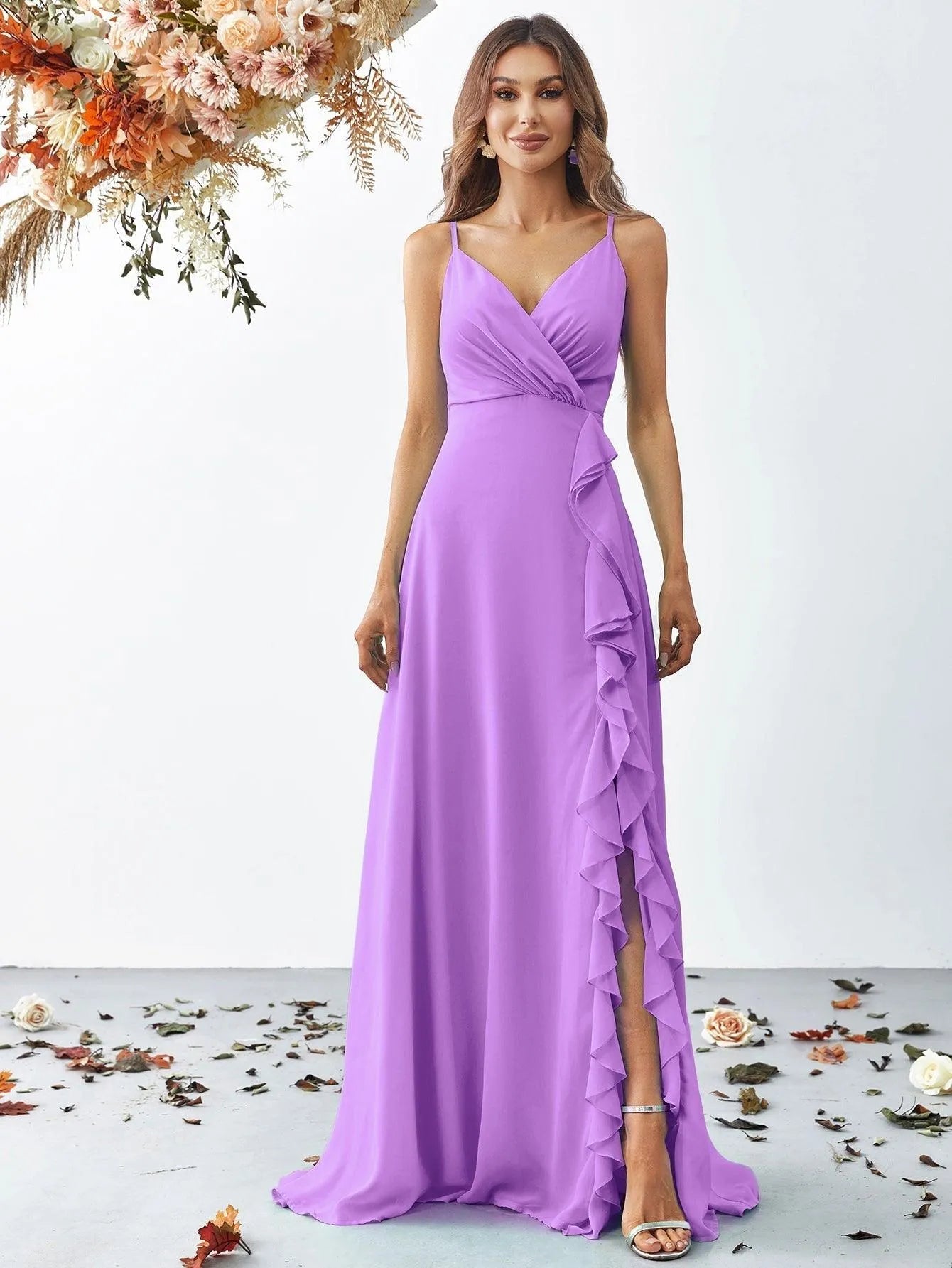 Elegant V Neck Sleeveless Ruffle Slit Chiffon A Line Dresses - Elonnashop