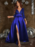 Elegant V Neck 3/4 Sleeve Slit A Line Prom Dress - Elonnashop