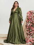 Plus Plunging Neck Long Sleeves A Line Prom Dress - Elonnashop