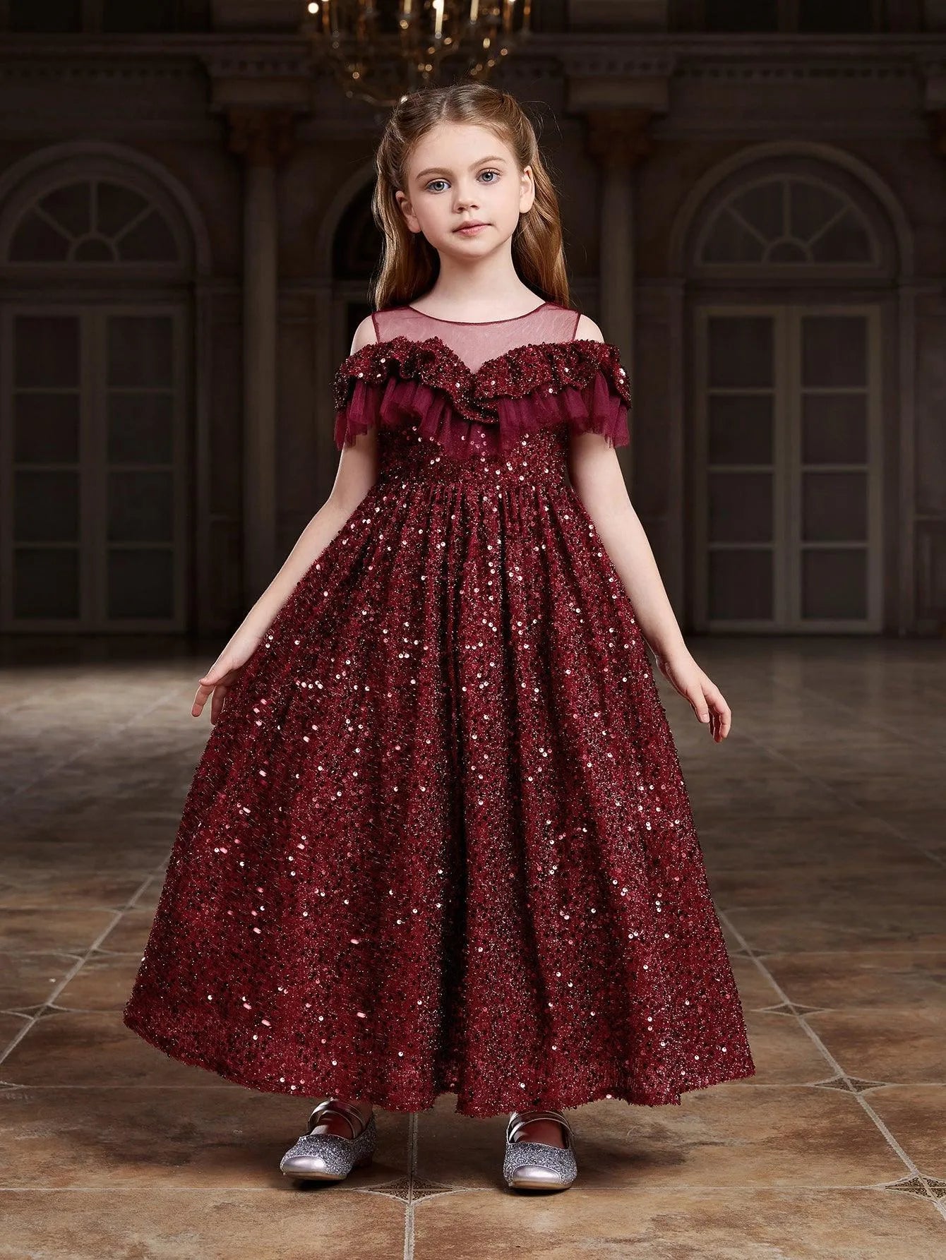 Tween Girls' Ruffle Trim Mesh Insert Sequin Prom Dress - Elonnashop