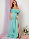 Off Shoulder Ruffle Trim Split Thigh A Line Dress - Elonnashop