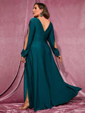 Plus Plunging Neck Lantern Sleeve High Slit Dress - Elonnashop