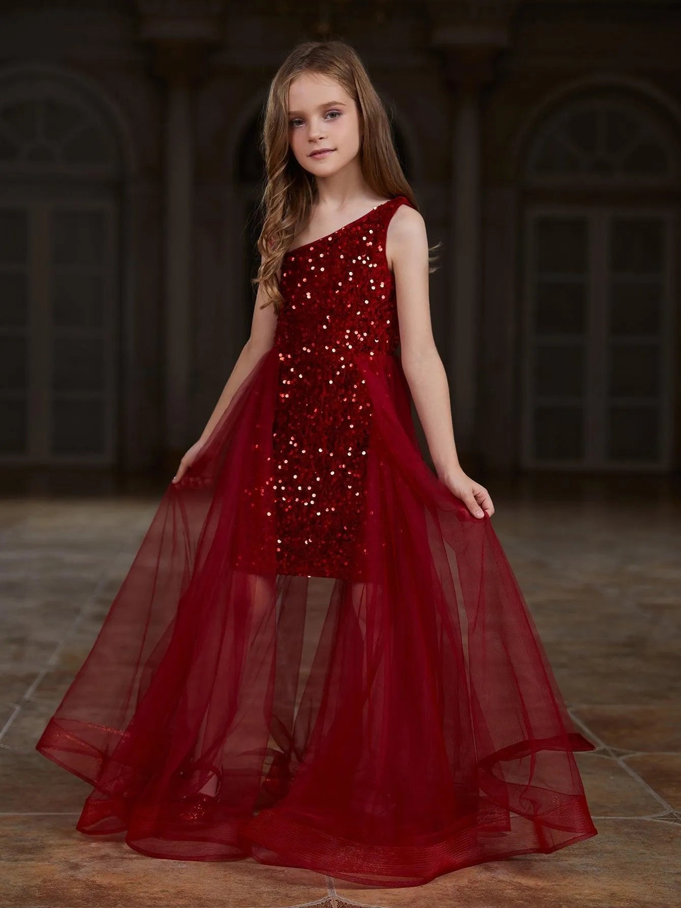 Tween Girls' Asymmetrical Neckline Mesh Overlay Sequin Dress - Elonnashop