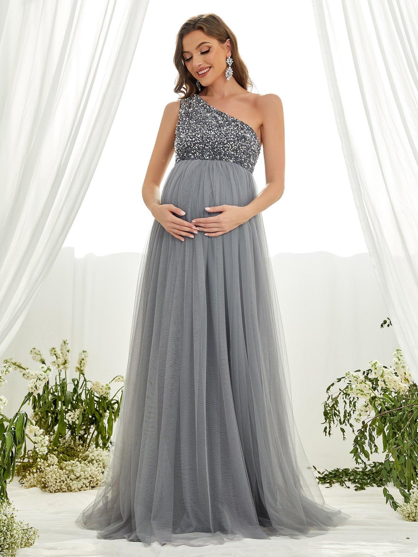 Maternity One Shoulder Contrast Sequin Mesh Party Dress - Elonnashop