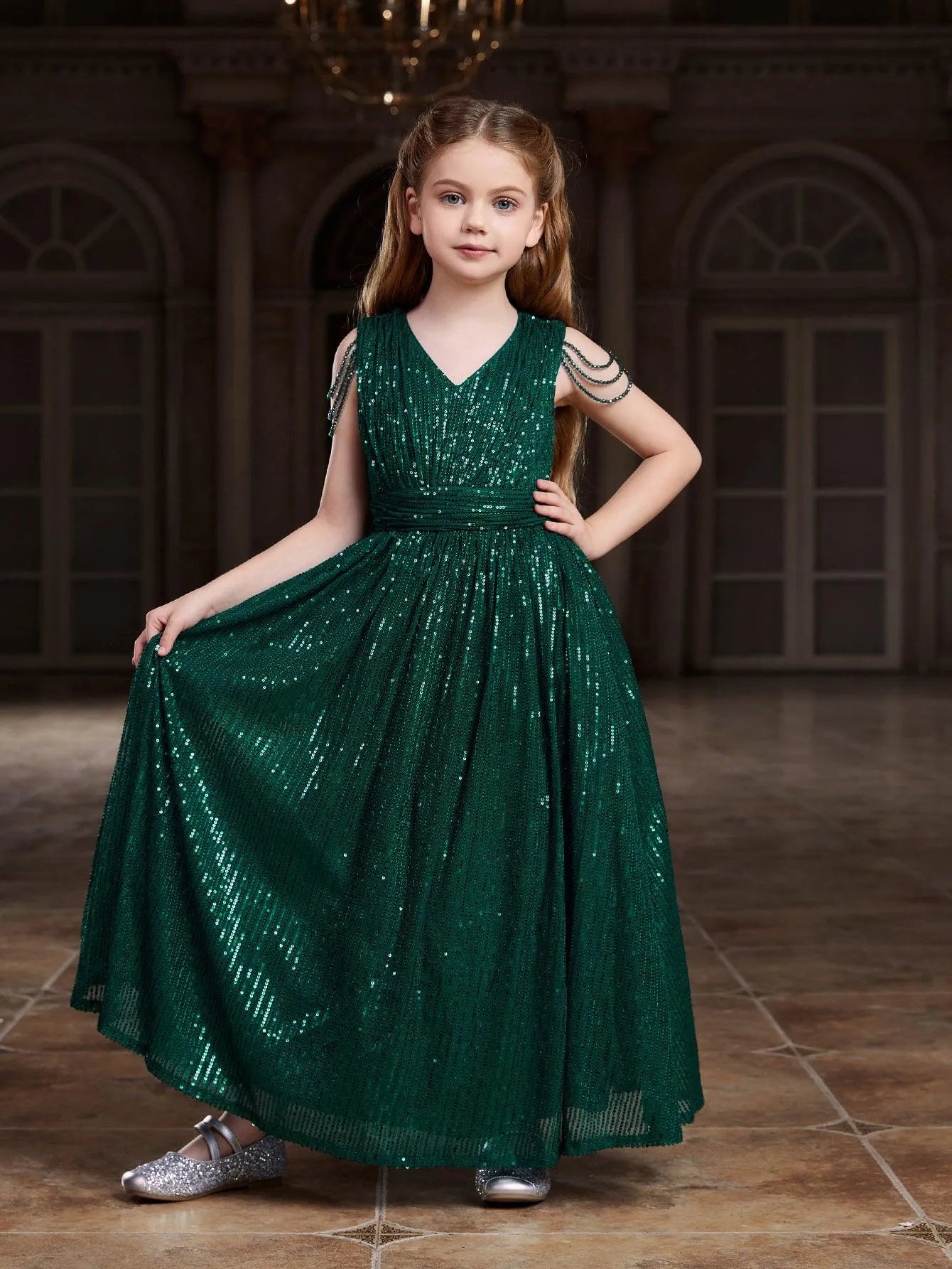 Tween Girls' V Neck Chain Detail Sequin Party Dress - Elonnashop