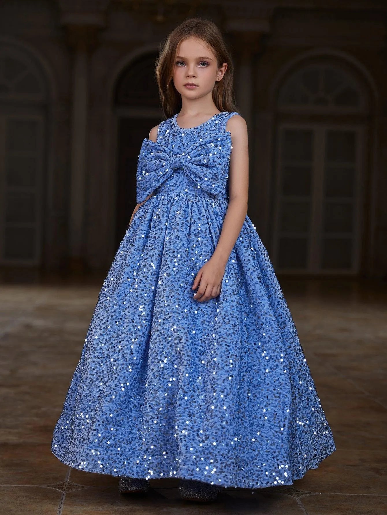 Tween Girls' Cute Sleeveless Bow Front Sequin Party Dress - Elonnashop