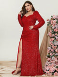 Plus Sweetheart Neck Long Sleeve Sequin Slit Dress - Elonnashop