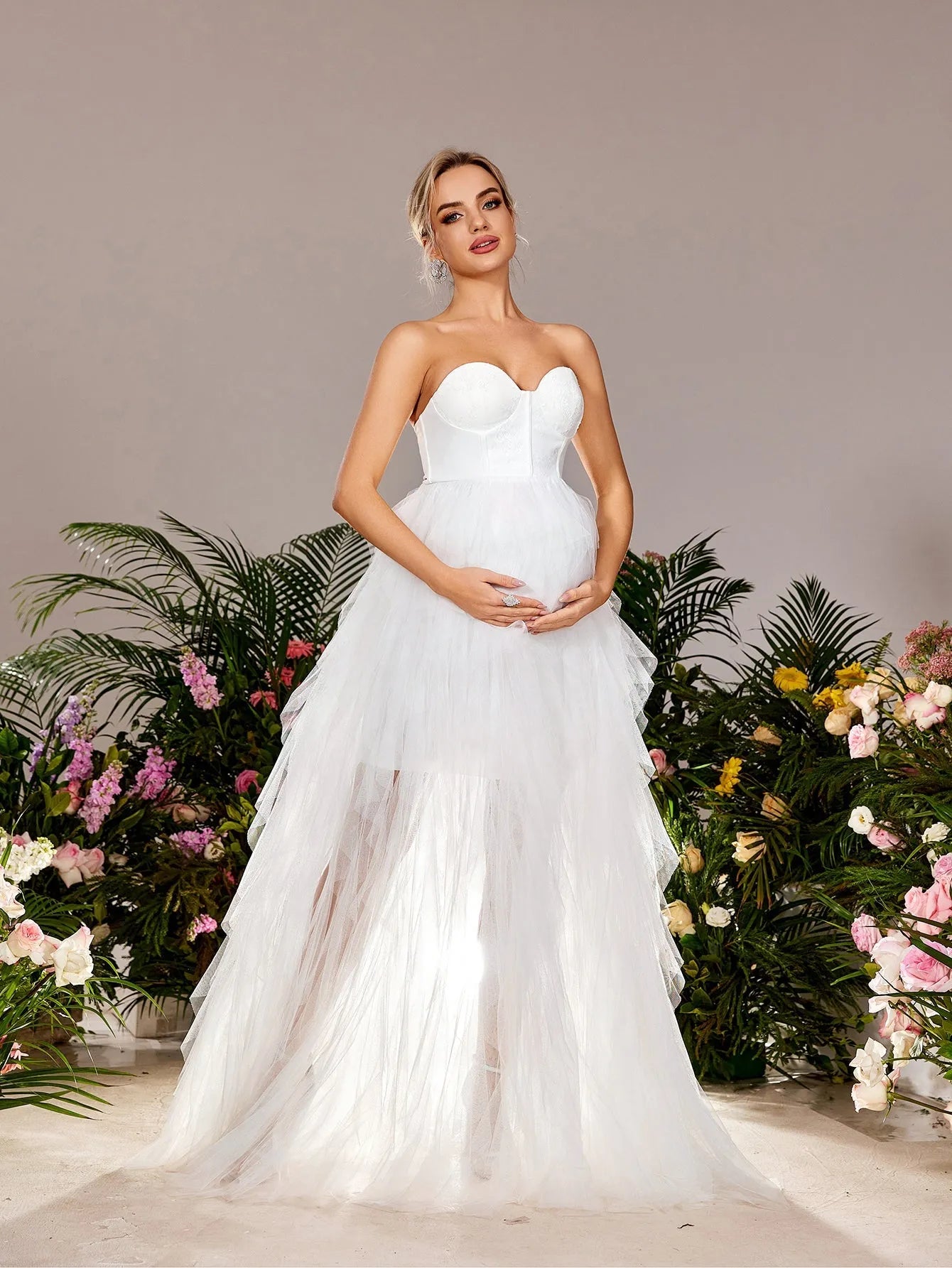 Maternity Strapless Mesh Overlay Party Dress