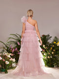 Maternity One Shoulder Ruffle Layered Hem Tulle Prom Dress