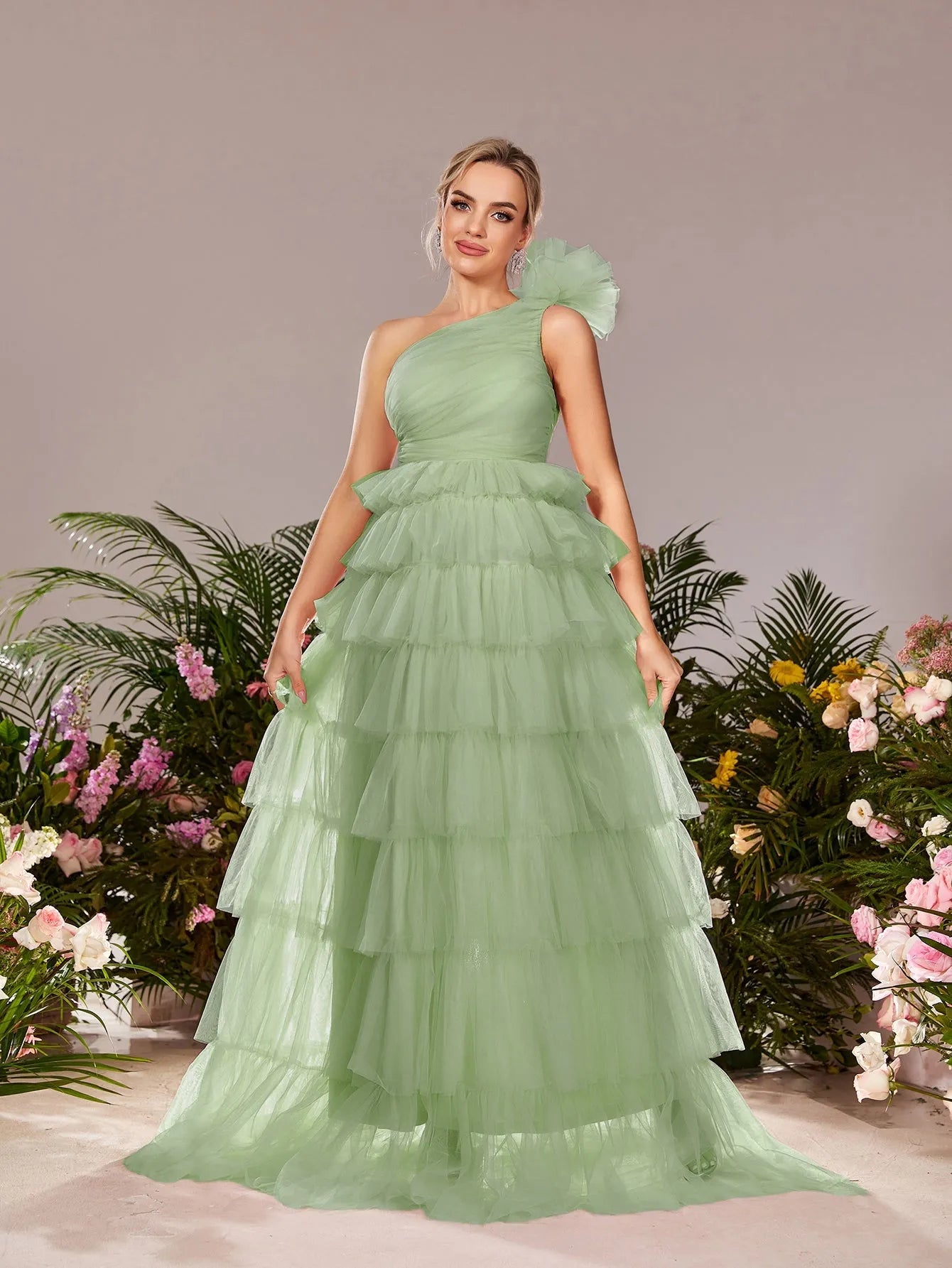 Maternity One Shoulder Ruffle Layered Hem Tulle Prom Dress Elonnashop Maternity One Shoulder Ruffle Layered Hem Tulle Prom Dress Elonnashop