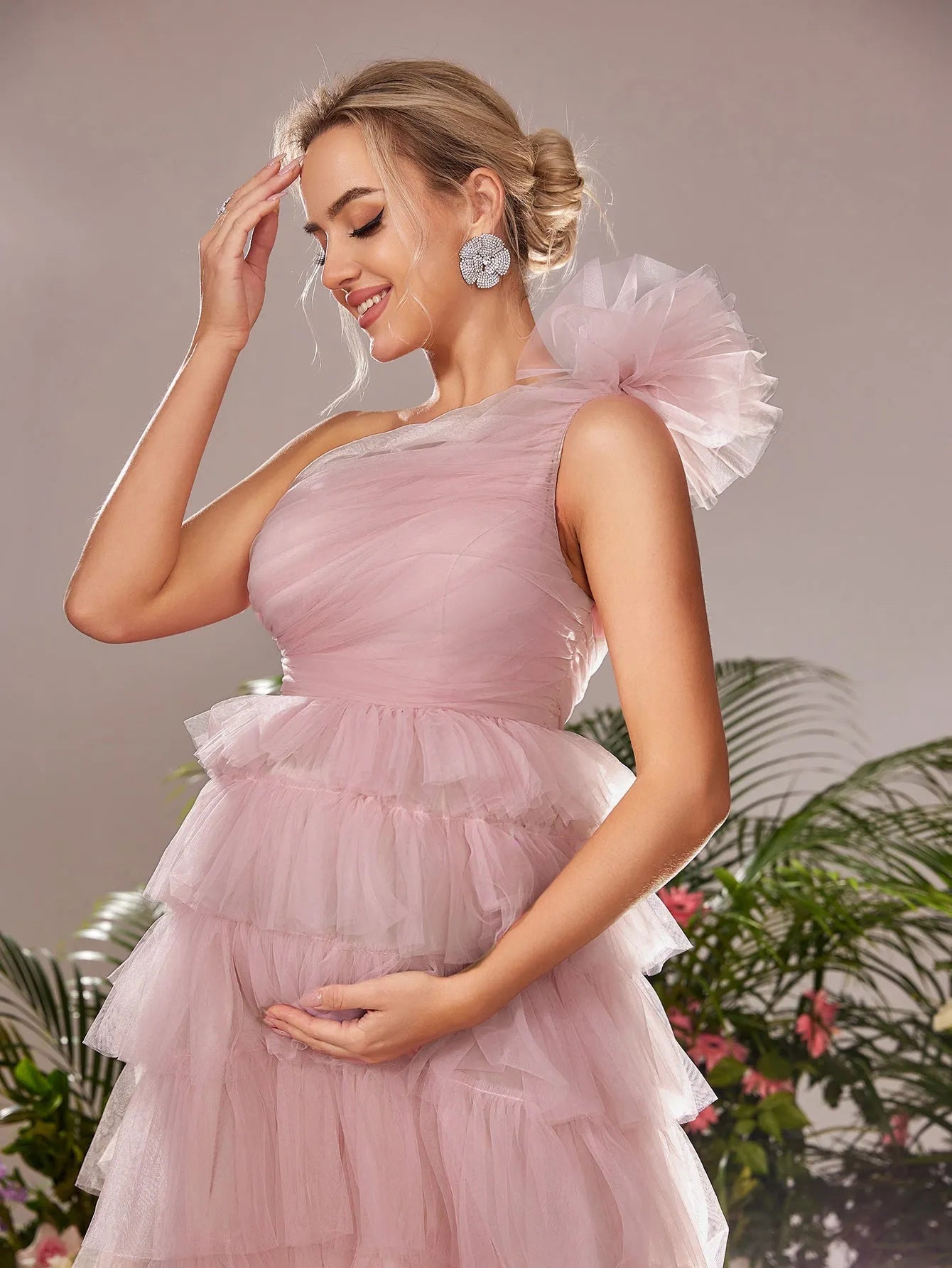 Maternity One Shoulder Ruffle Layered Hem Tulle Prom Dress