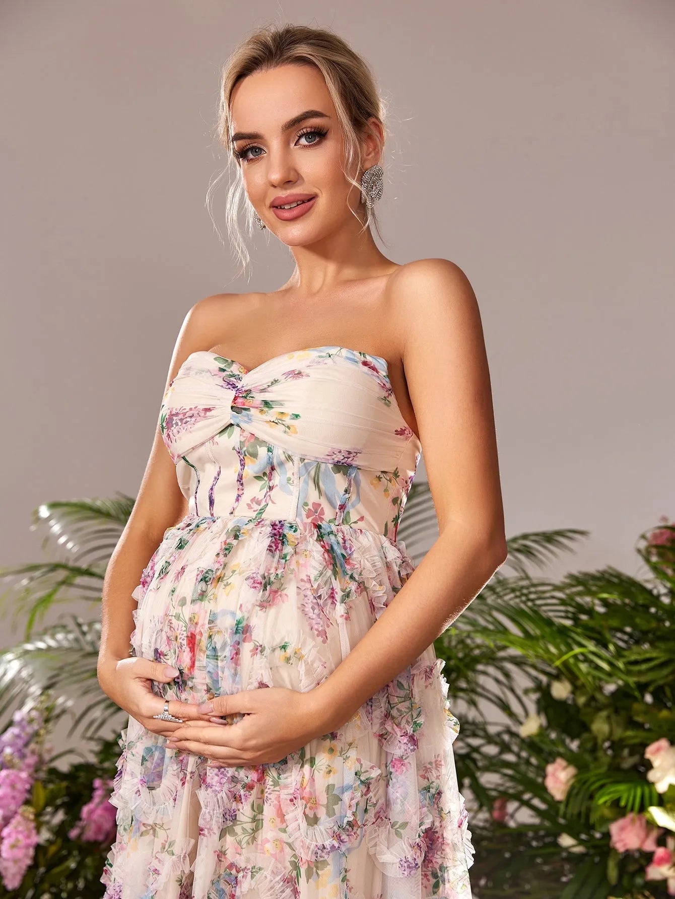 Maternity Strapless Ruffle Trim Floral Mesh Party Dress