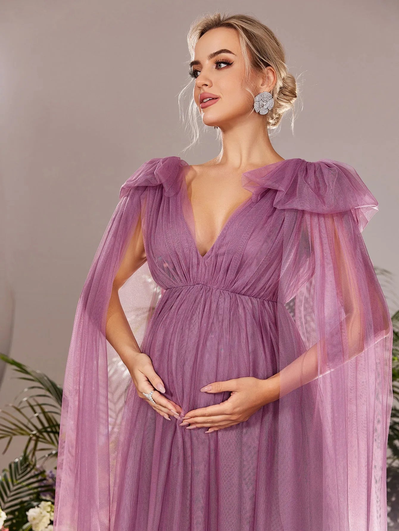 Maternity Plunging Neck Mesh Party Dress