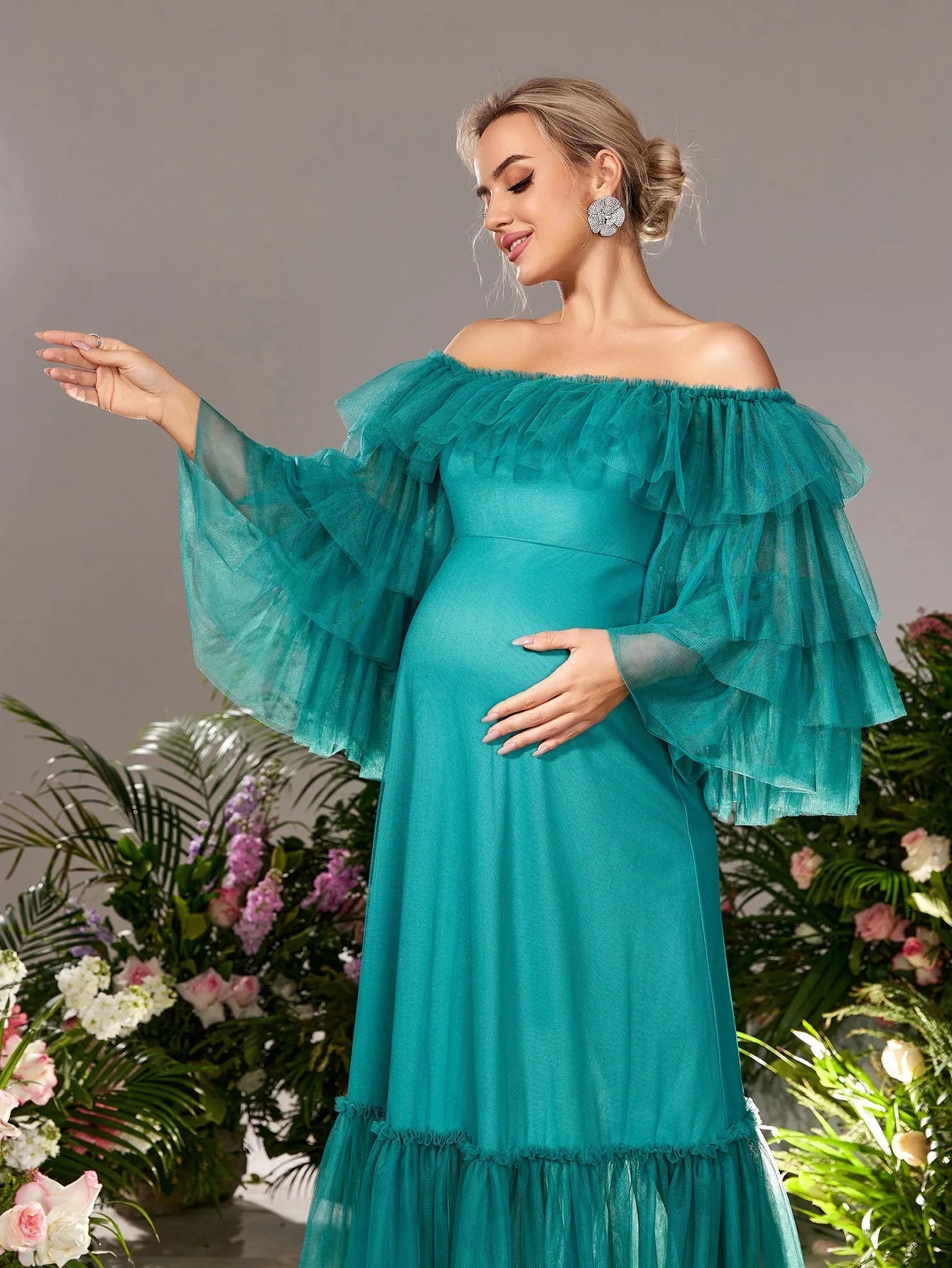 Maternity Off Shoulder Layered Sleeves Tulle Evening Dress