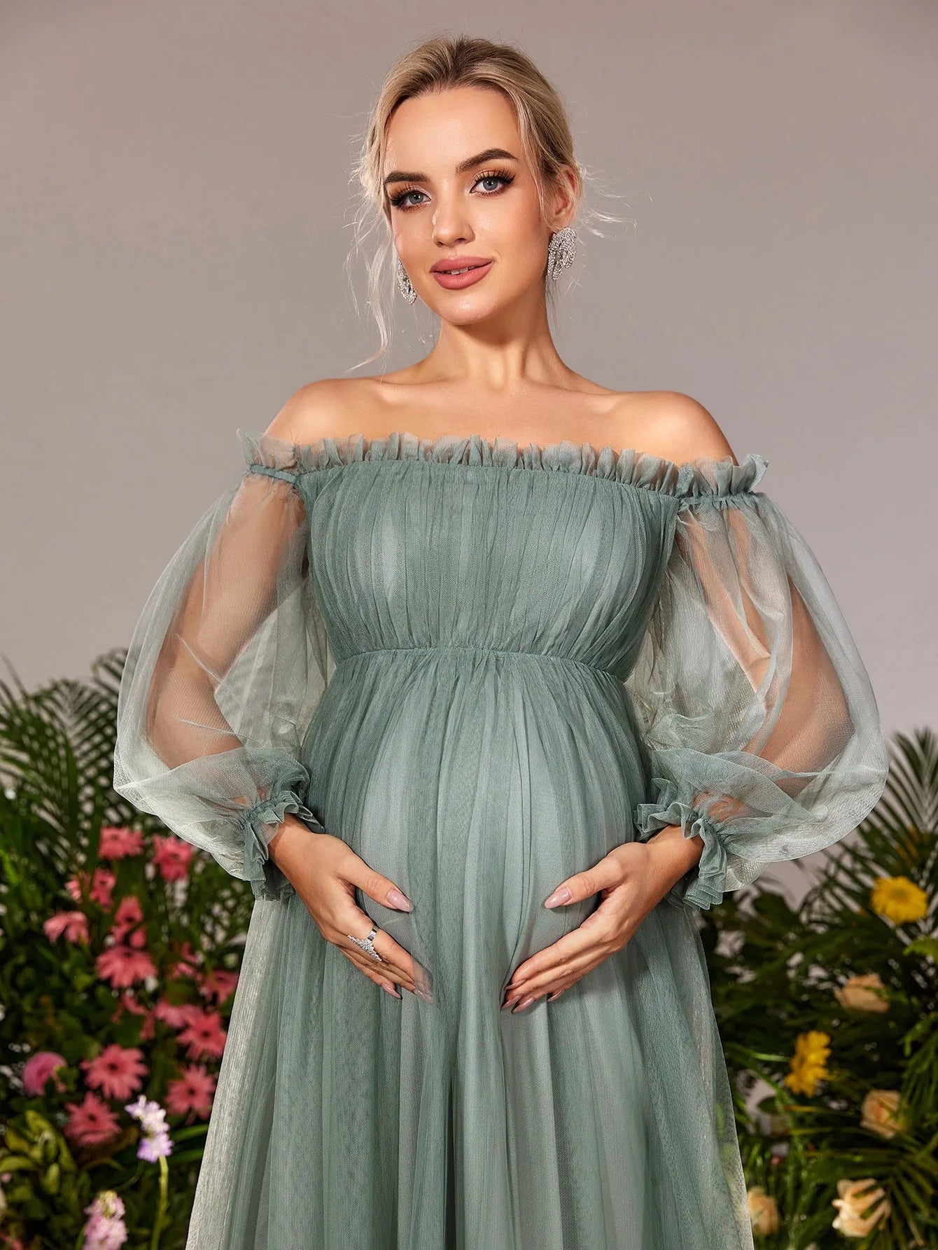 Maternity Ruffle Trim Off Shoulder Lantern Sleeves Tulle Evening Dress