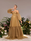 Maternity Off Shoulder Lantern Sleeves Tulle Evening Dress