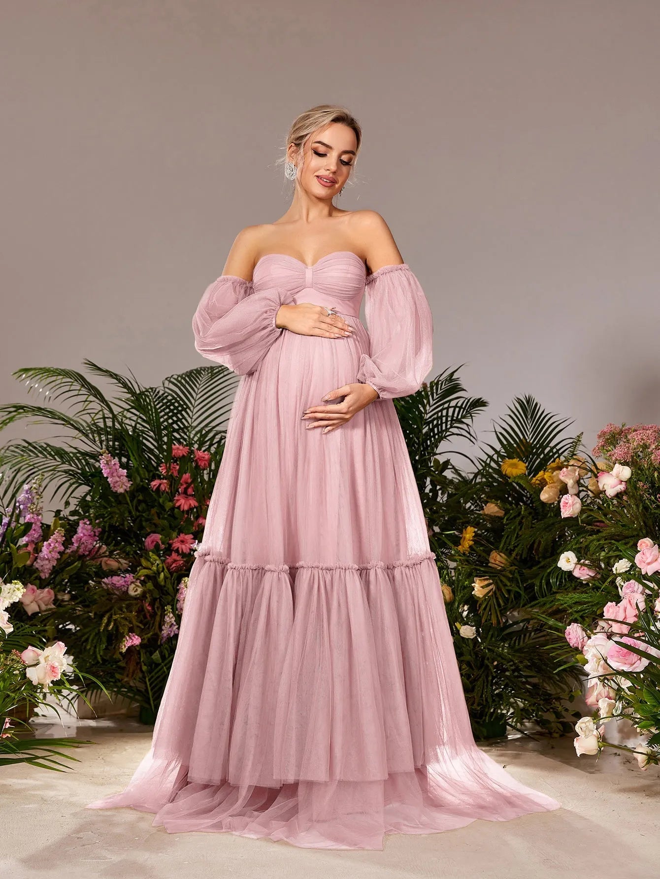 Maternity Off Shoulder Lantern Sleeves Tulle Evening Dress