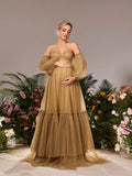 Maternity Off Shoulder Lantern Sleeves Tulle Evening Dress