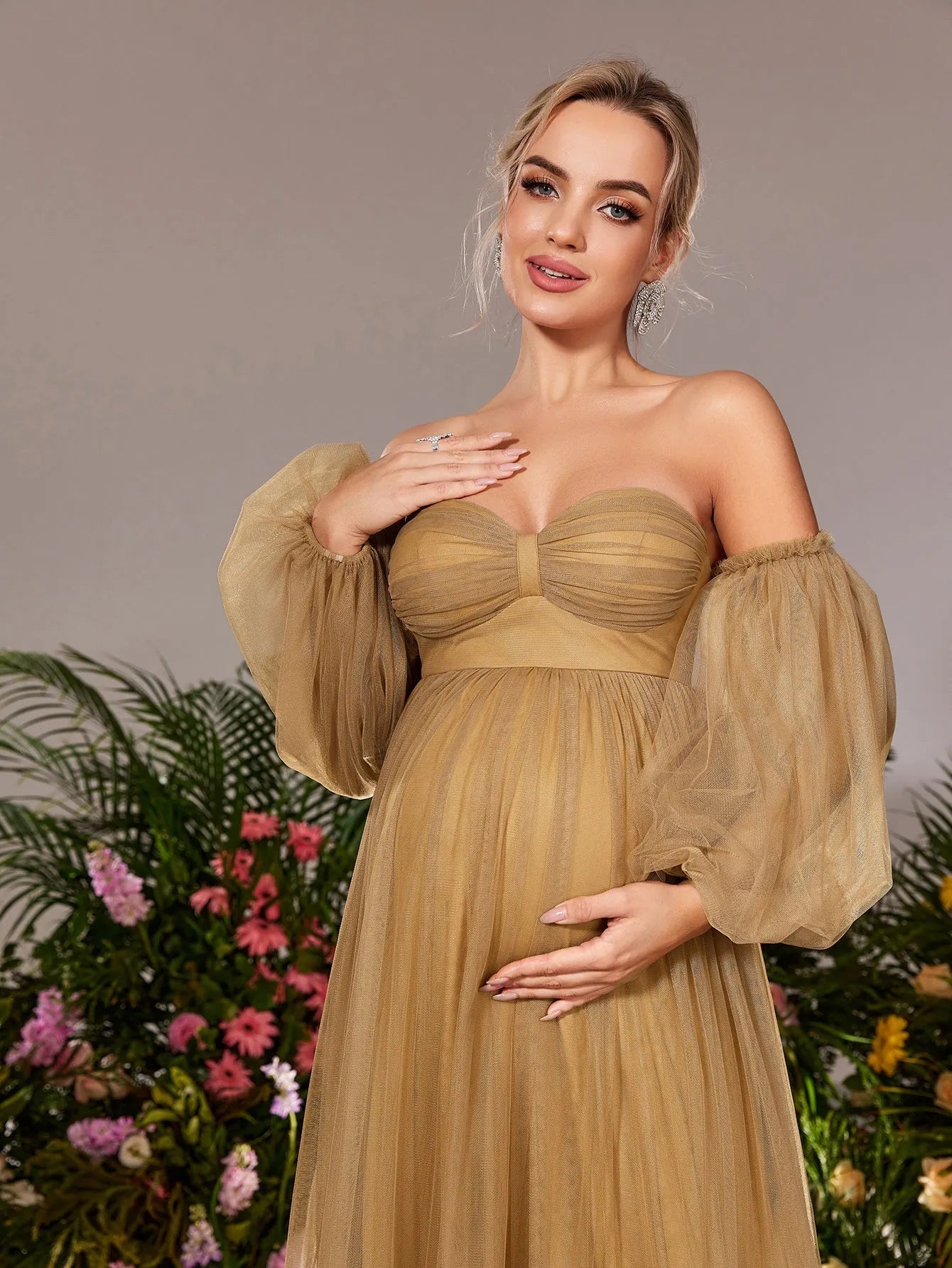 Maternity Off Shoulder Lantern Sleeves Tulle Evening Dress