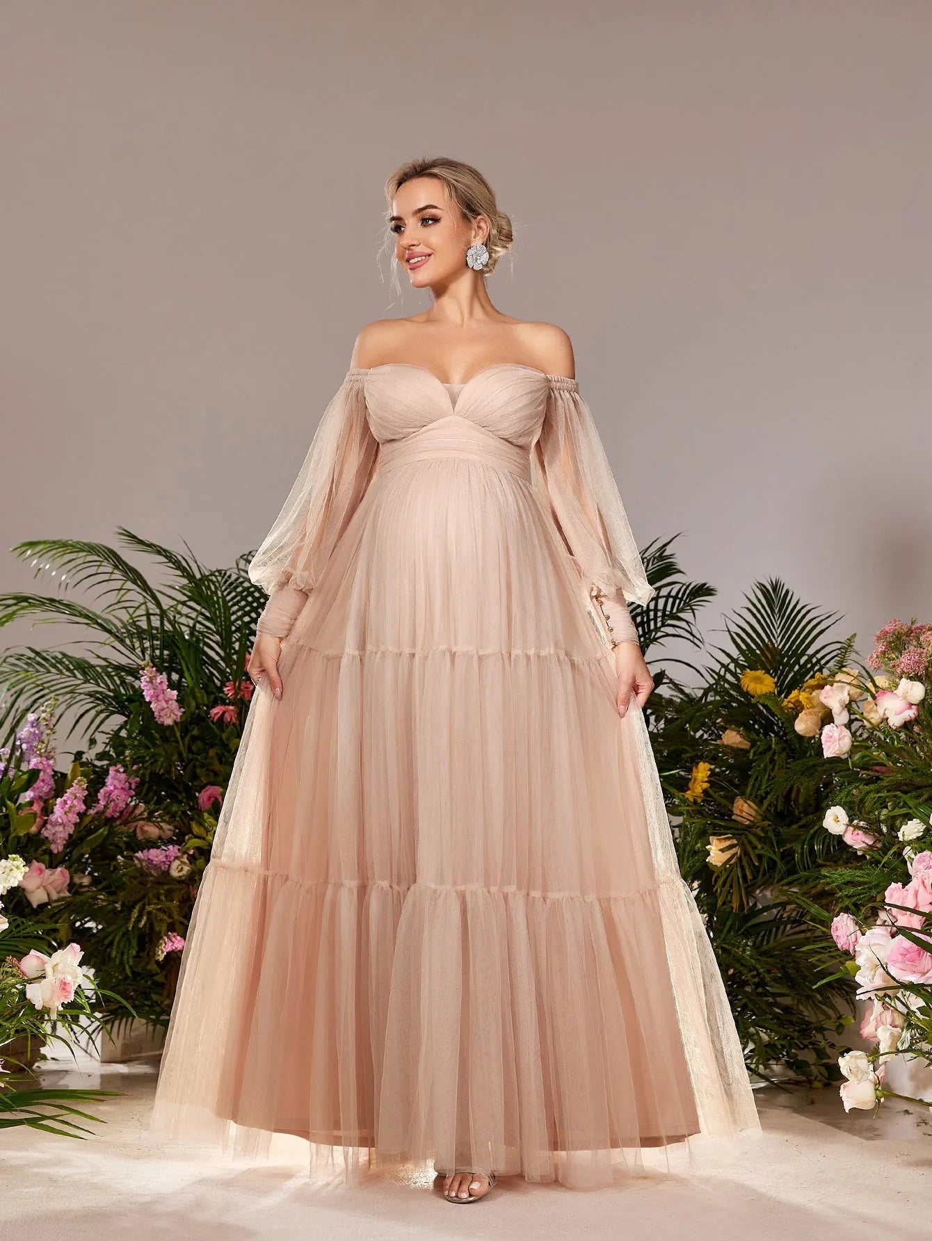 Maternity Off Shoulder Bishop Sleeves Tulle Party Dress