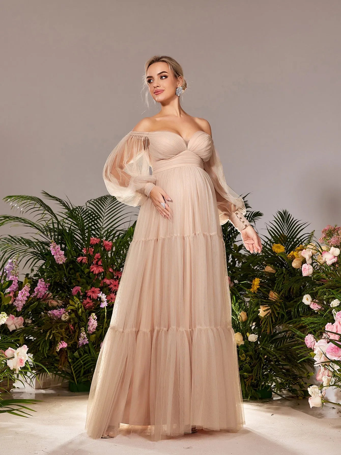 Maternity Off Shoulder Bishop Sleeves Tulle Party Dress