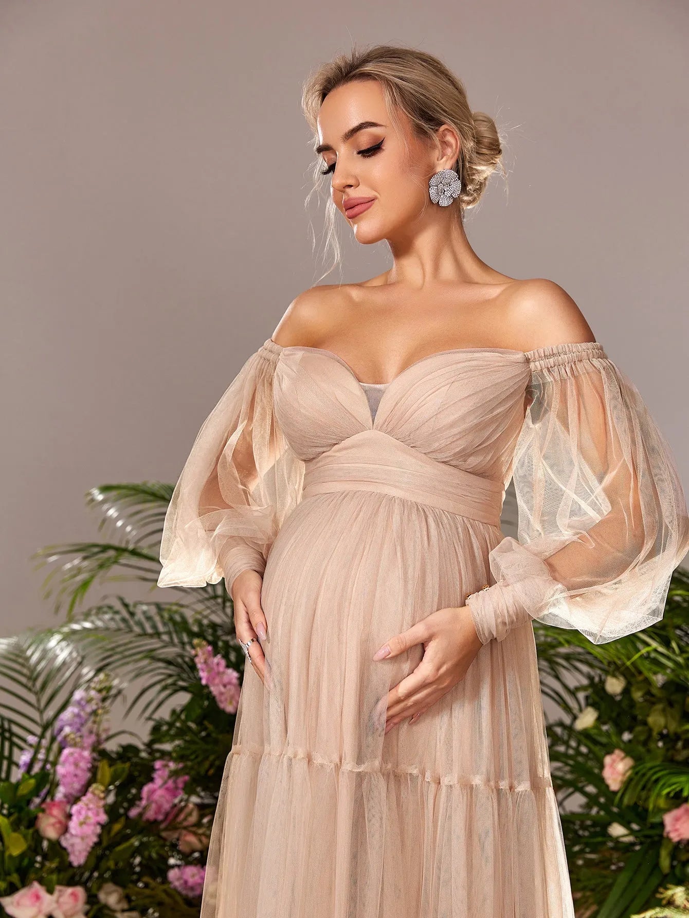 Maternity Off Shoulder Bishop Sleeves Tulle Party Dress