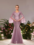 Maternity Plunging Neck Flared Sleeves Mermaid Hem Sequin Evening Dress