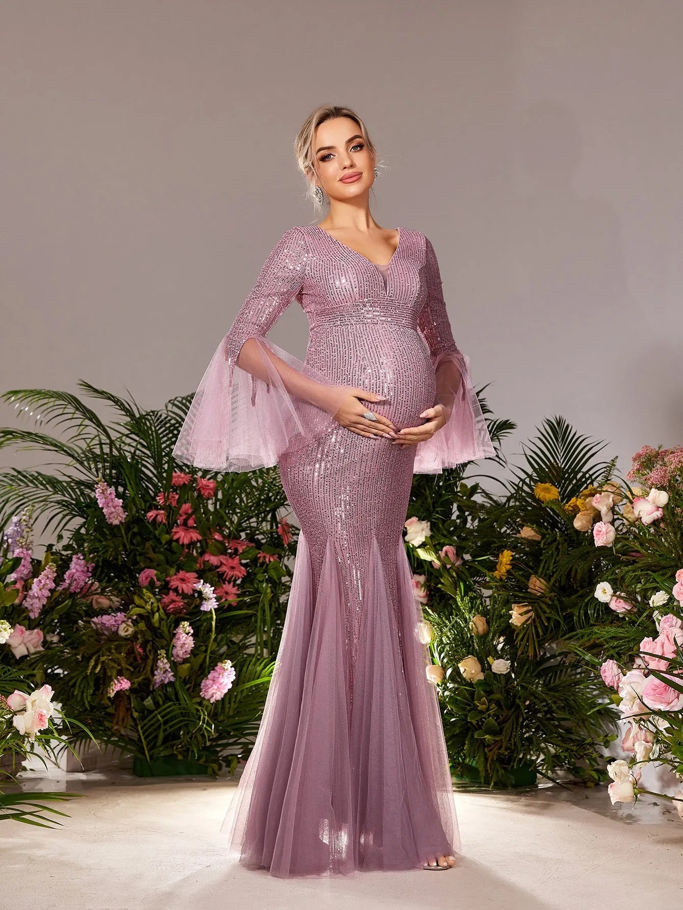 Maternity Plunging Neck Flared Sleeves Mermaid Hem Sequin Evening Dress