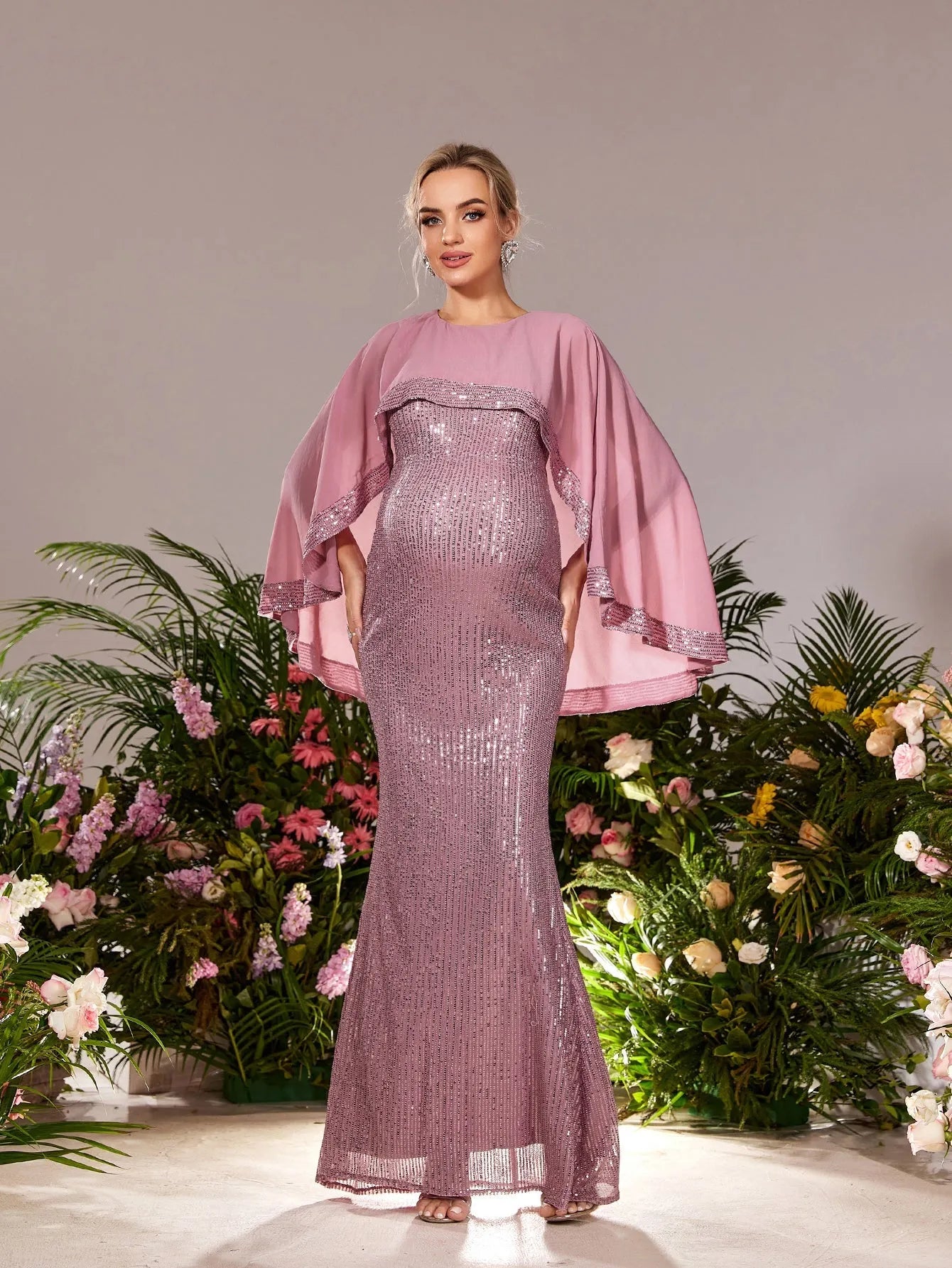 Maternity Round Neck Cape Sleeves Mermaid Hem Sequin Evening Dress Elonnashop Maternity Round Neck Cape Sleeves Mermaid Hem Sequin Evening Dress Elonnashop