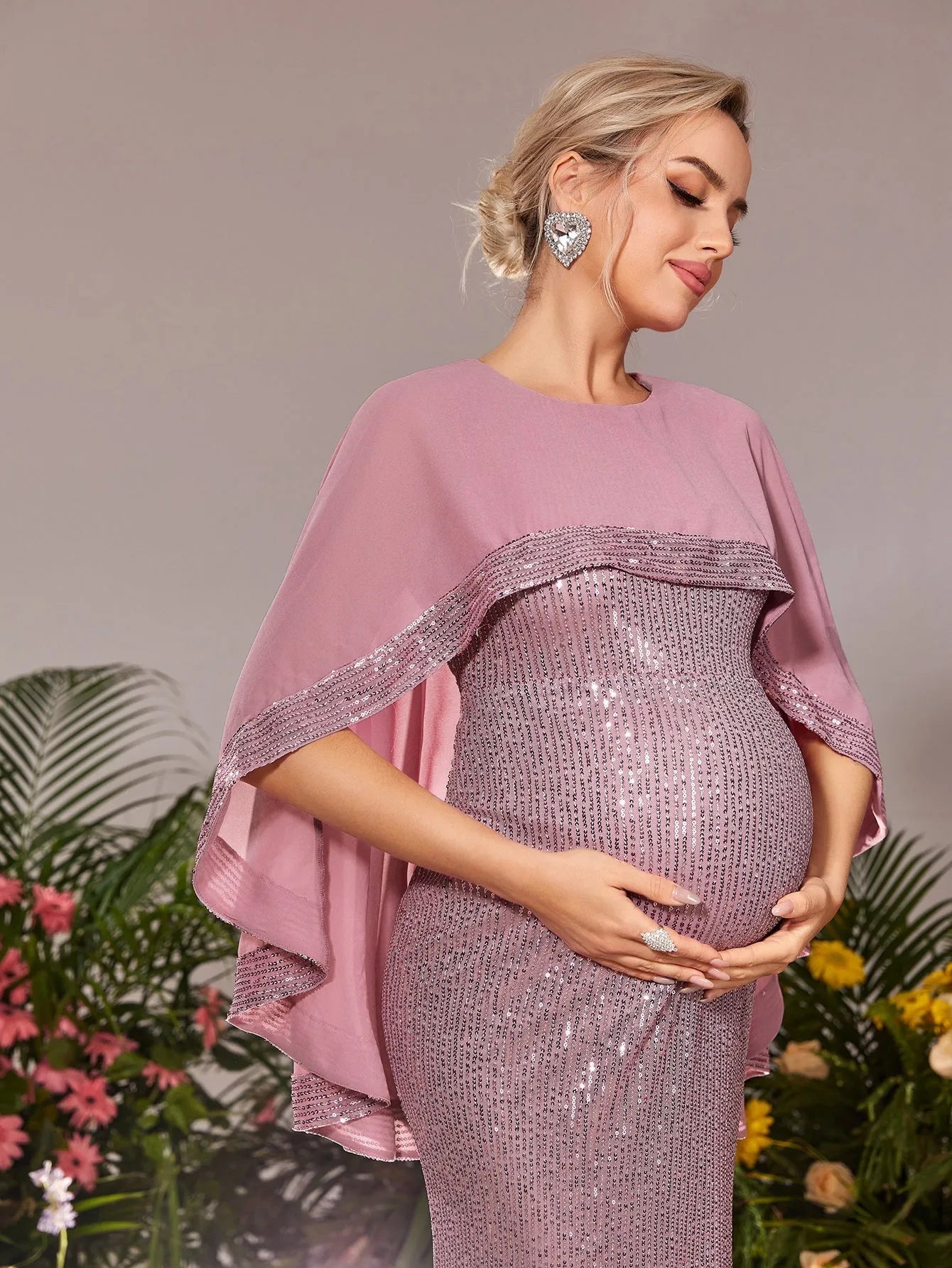 Maternity Round Neck Cape Sleeves Mermaid Hem Sequin Evening Dress