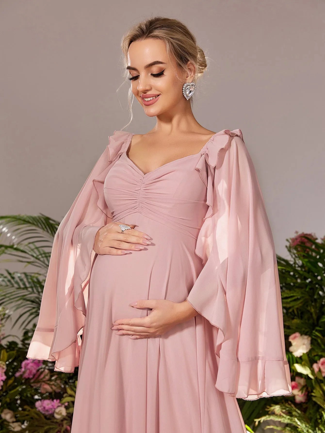 Maternity Sweetheart Neck Cape Sleeves Chiffon Evening Dress