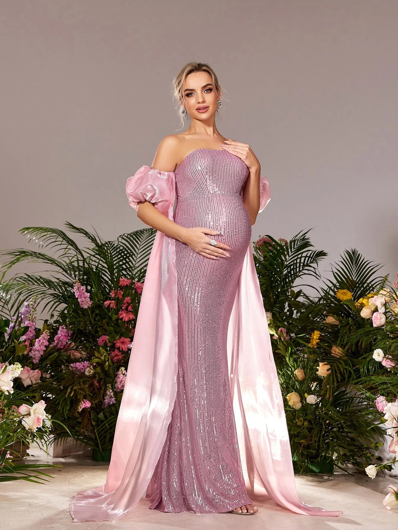 Maternity Strapless Mermaid Hem Sequin Evening Dress