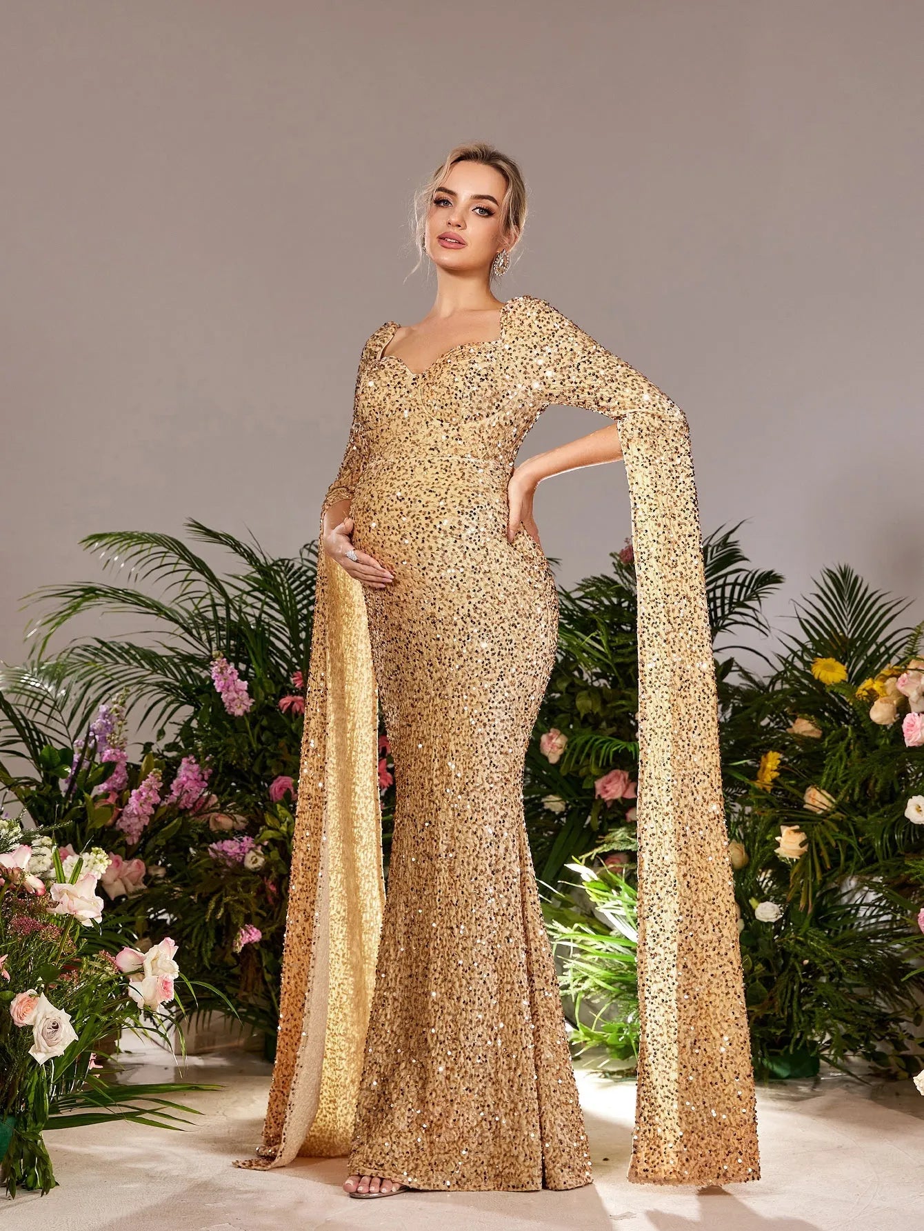 Maternity Sweetheart Neck Extra-Long Sleeves Mermaid Hem Sequin Evening Dress