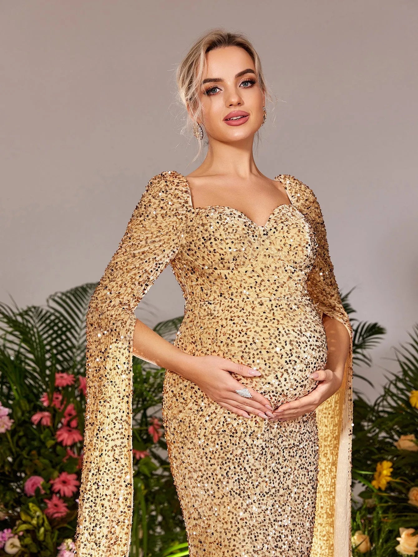 Maternity Sweetheart Neck Extra-Long Sleeves Mermaid Hem Sequin Evening Dress