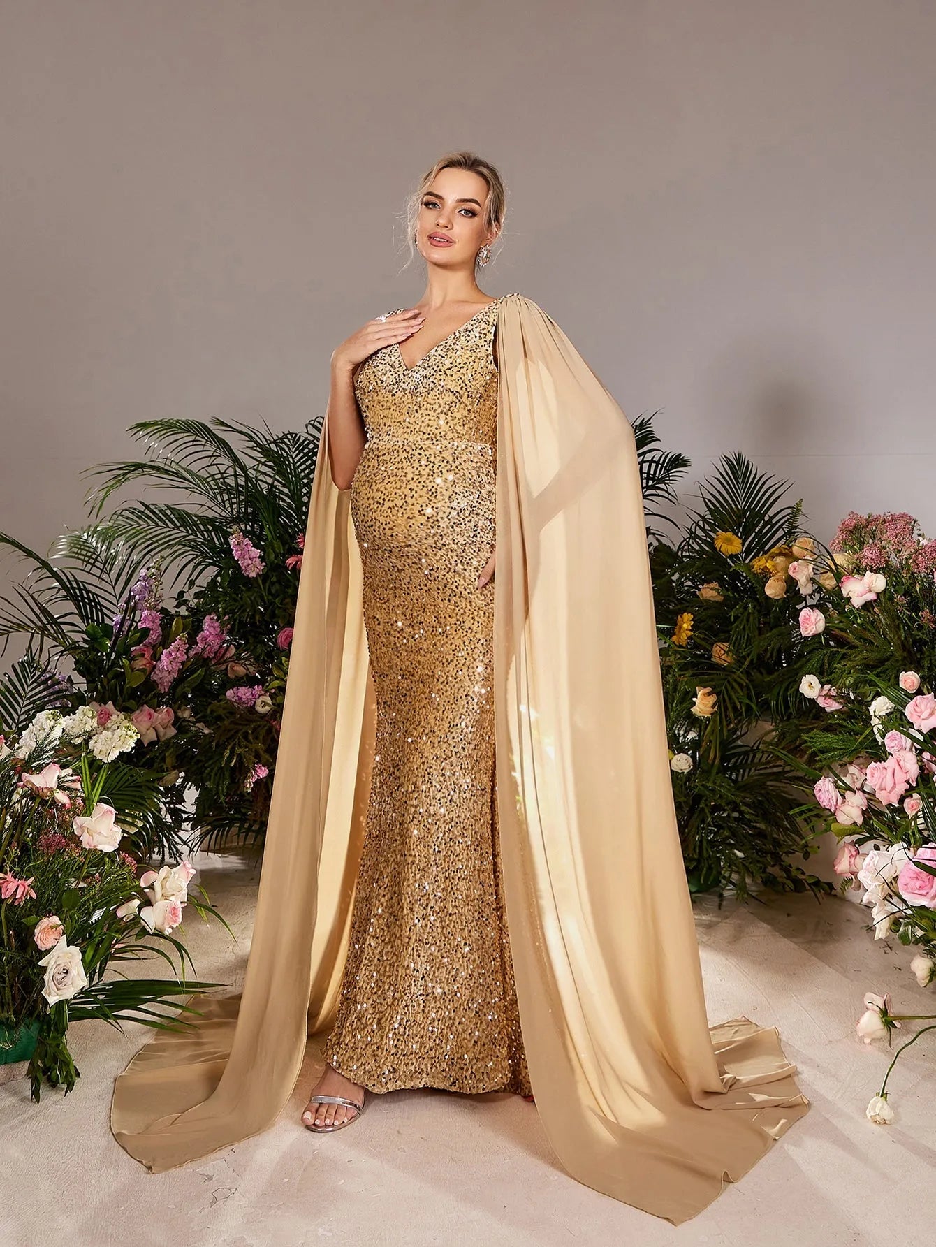 Maternity Plunging Neck Cape Sleeves Mermaid Hem Sequin Evening Dress